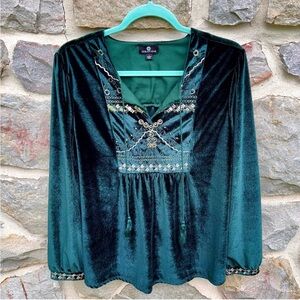 Curations Emerald Green Velvet Long Sleeve Boho Peasant Top Large